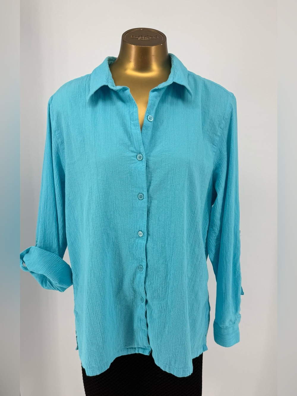 Appleseed’s Turquoise Button-Down Crinkle Cotton Women's Roll Tab Shirt Size XL